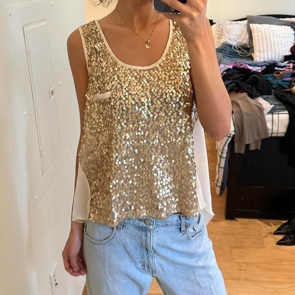 Gold Sequin White mesh back tank top
